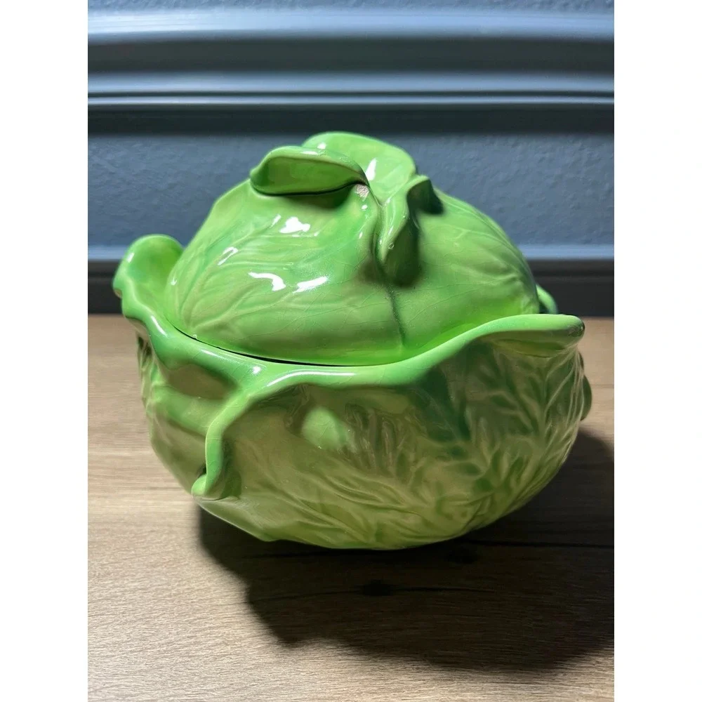 Vtg Green Cabbage Ceramic Dish/ Lid - HOLLAND MOLD‎